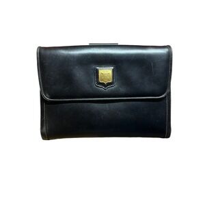 Celine Vintage Black Leather Triomphe Blazon Clutch Bag Gold Hardware COA